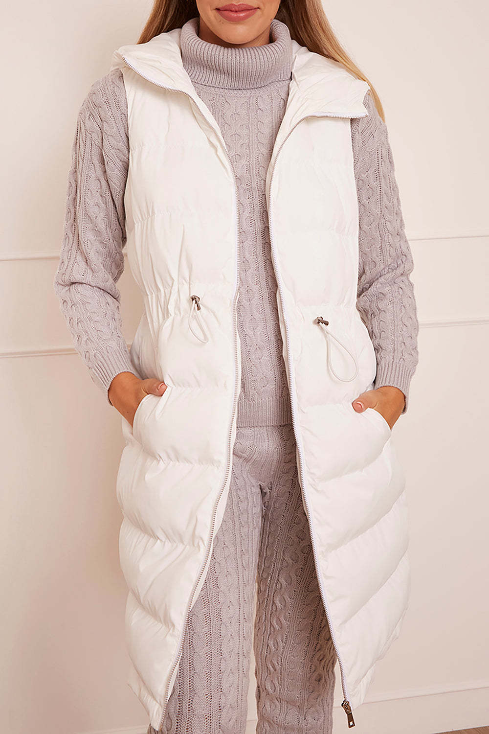 Waist Detail Padded Longline Gilet in White