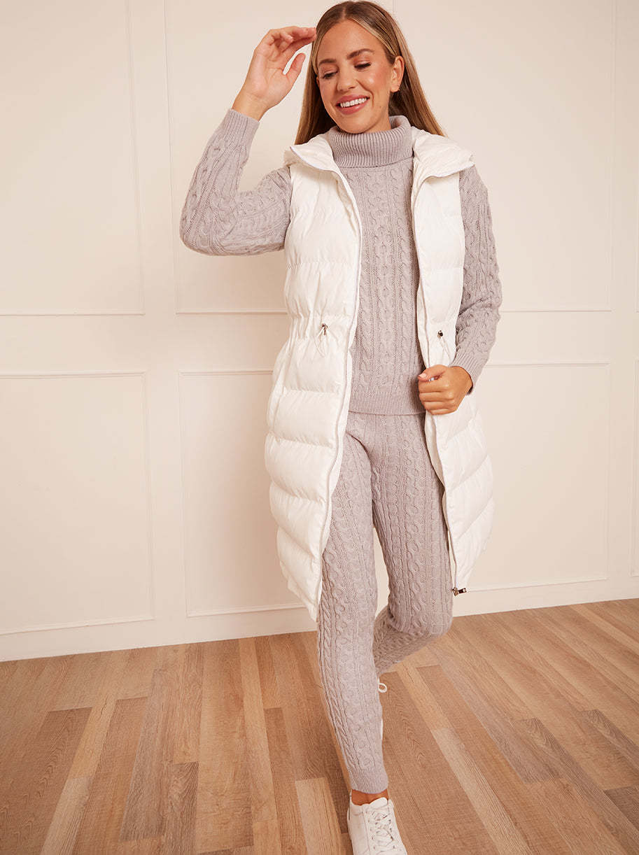 Waist Detail Padded Longline Gilet in White