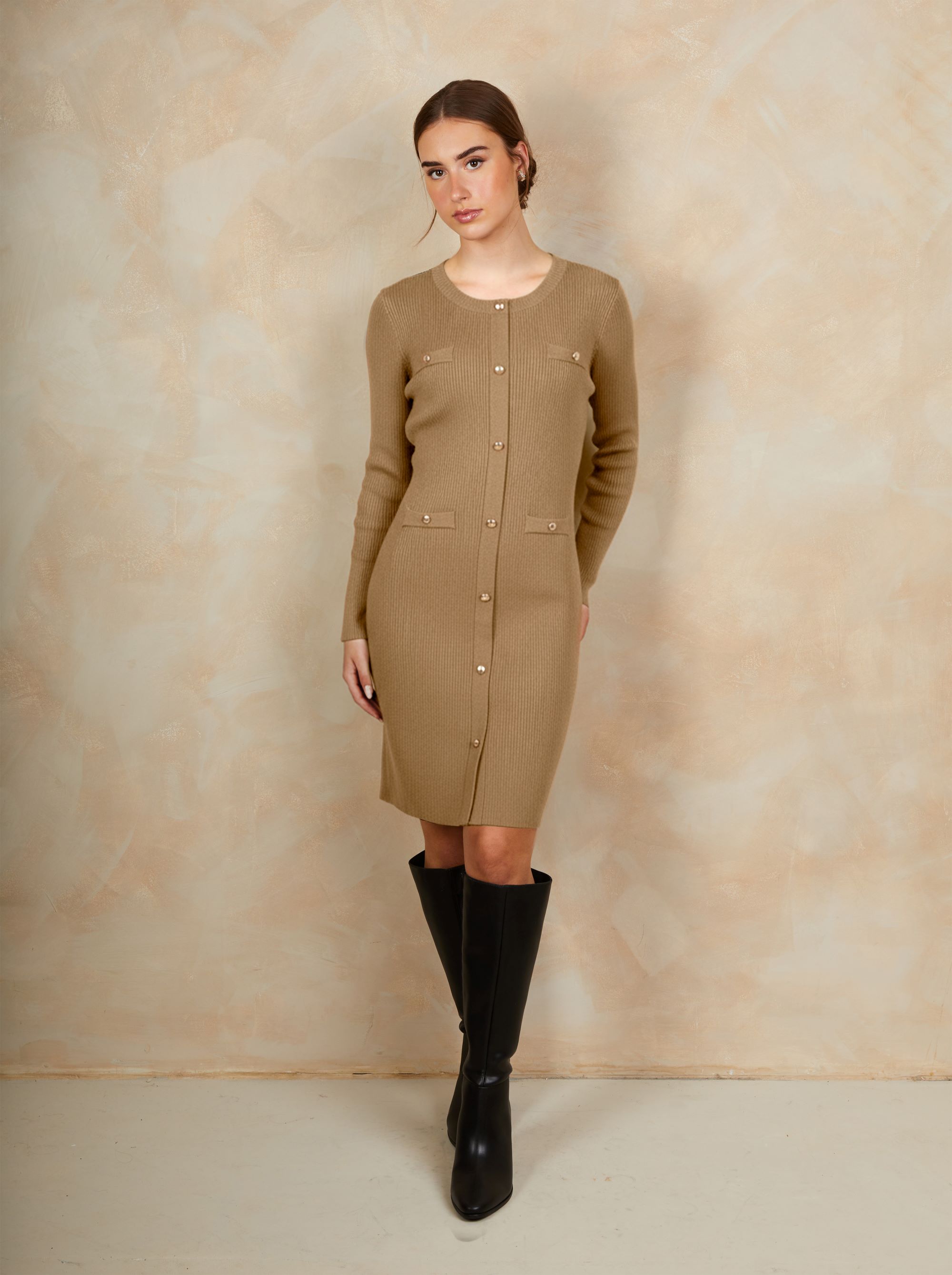Long Sleeve Knitted Button Front Dress in Camel