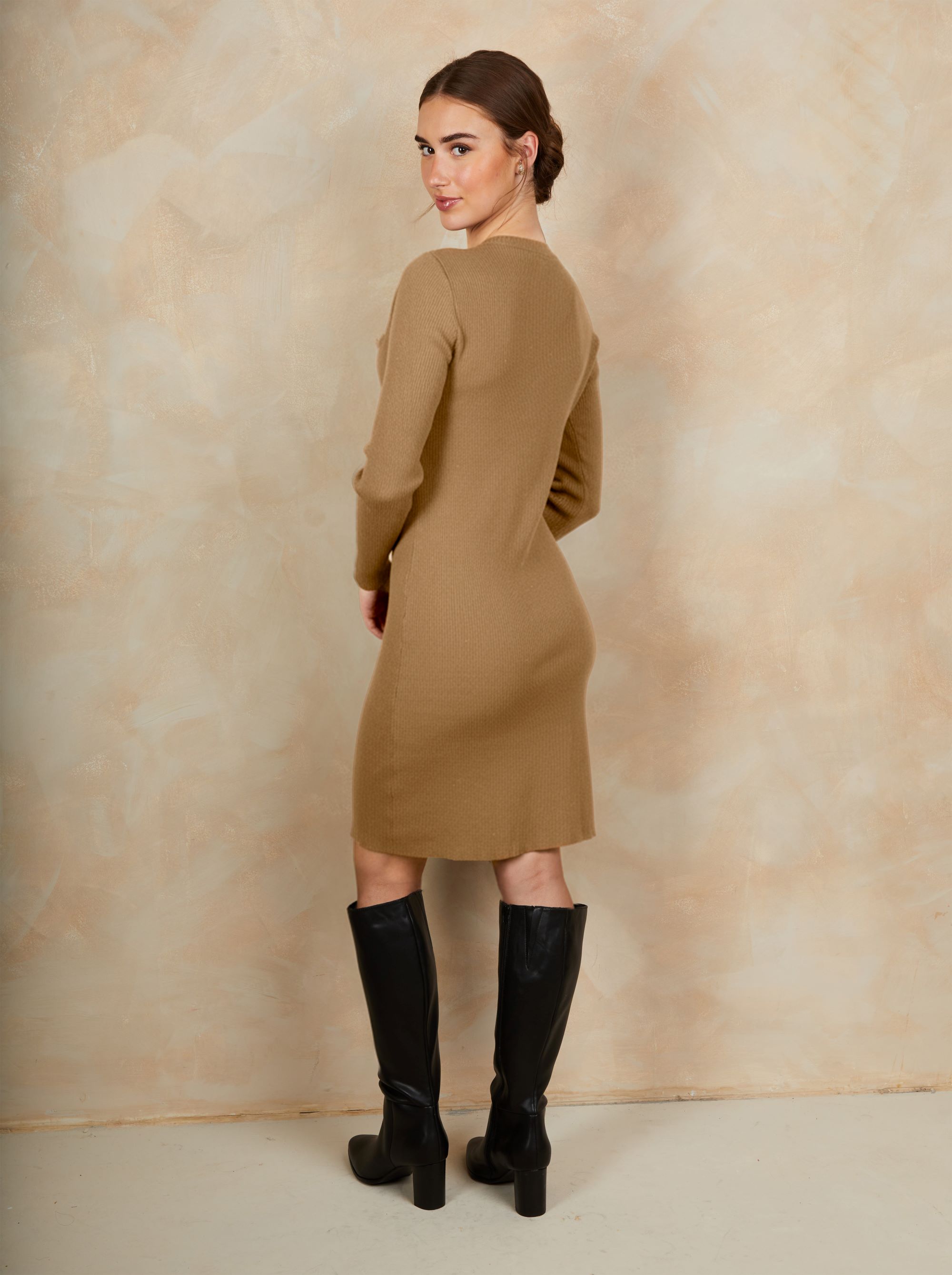 Long Sleeve Knitted Button Front Dress in Camel