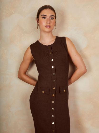 Sleeveless Button Front Knitted Maxi Dress in Brown