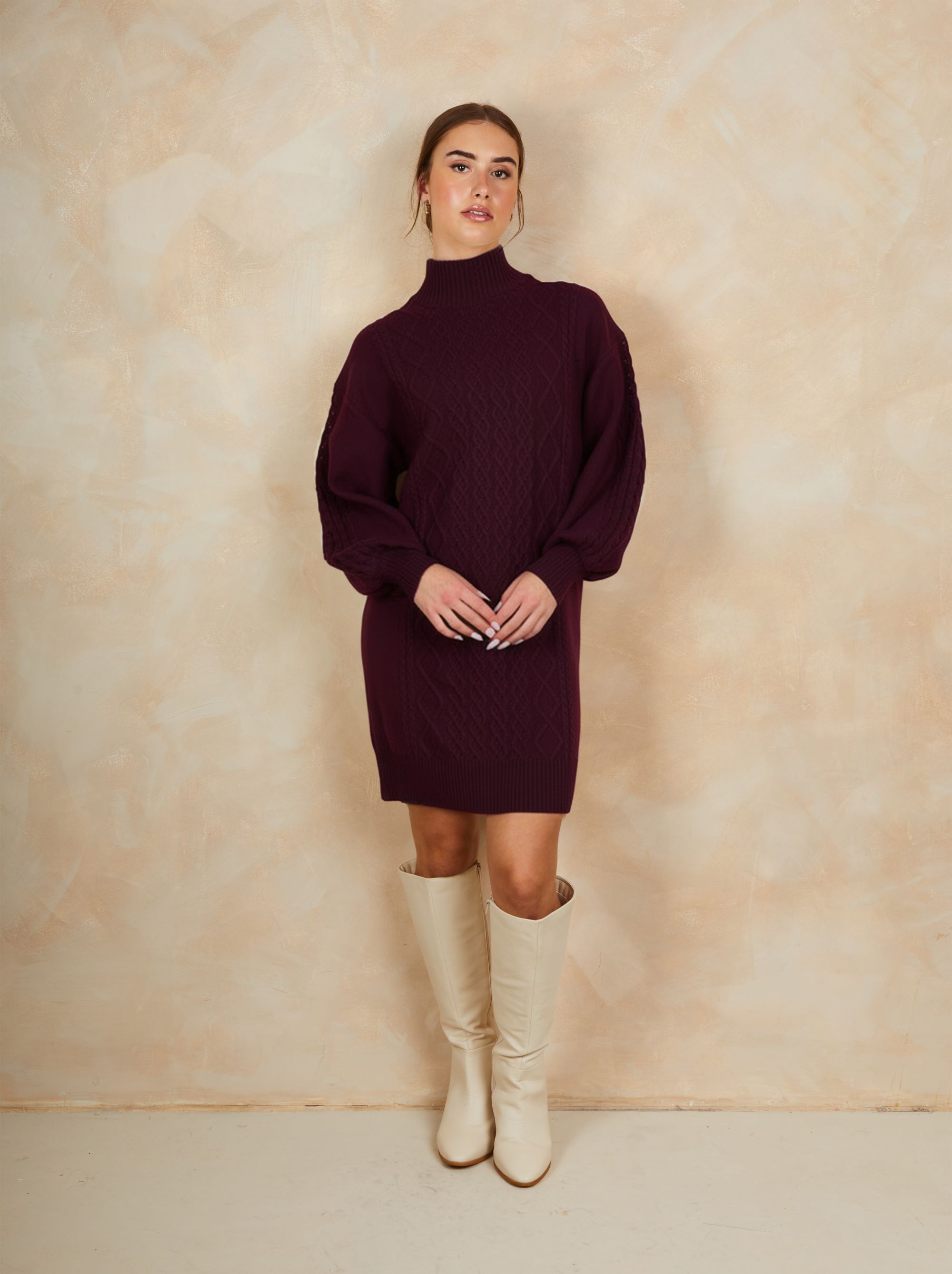 Roll Neck Knitted Dress in Burgundy