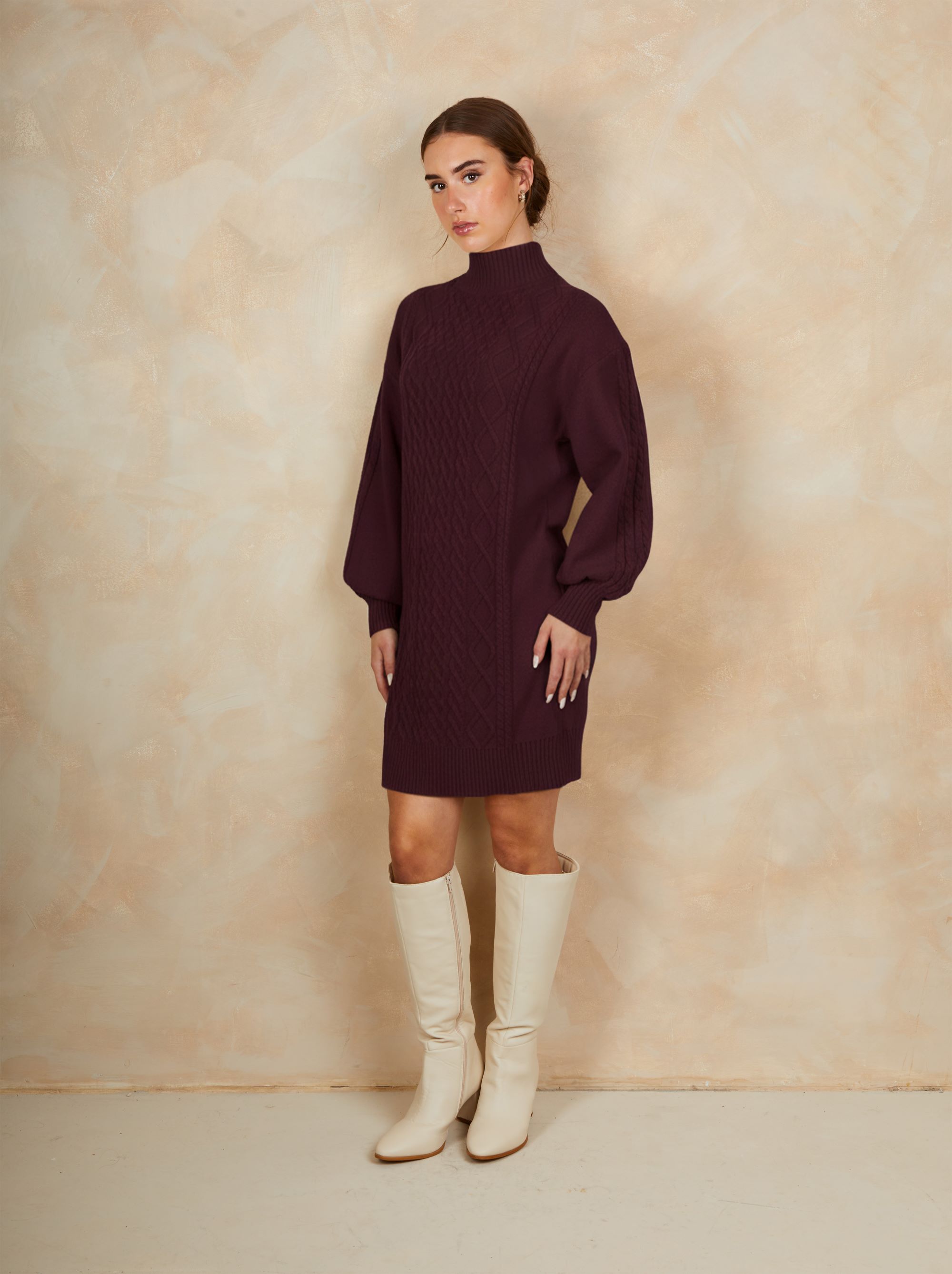 Roll Neck Knitted Dress in Burgundy
