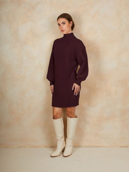 Roll Neck Knitted Dress in Burgundy