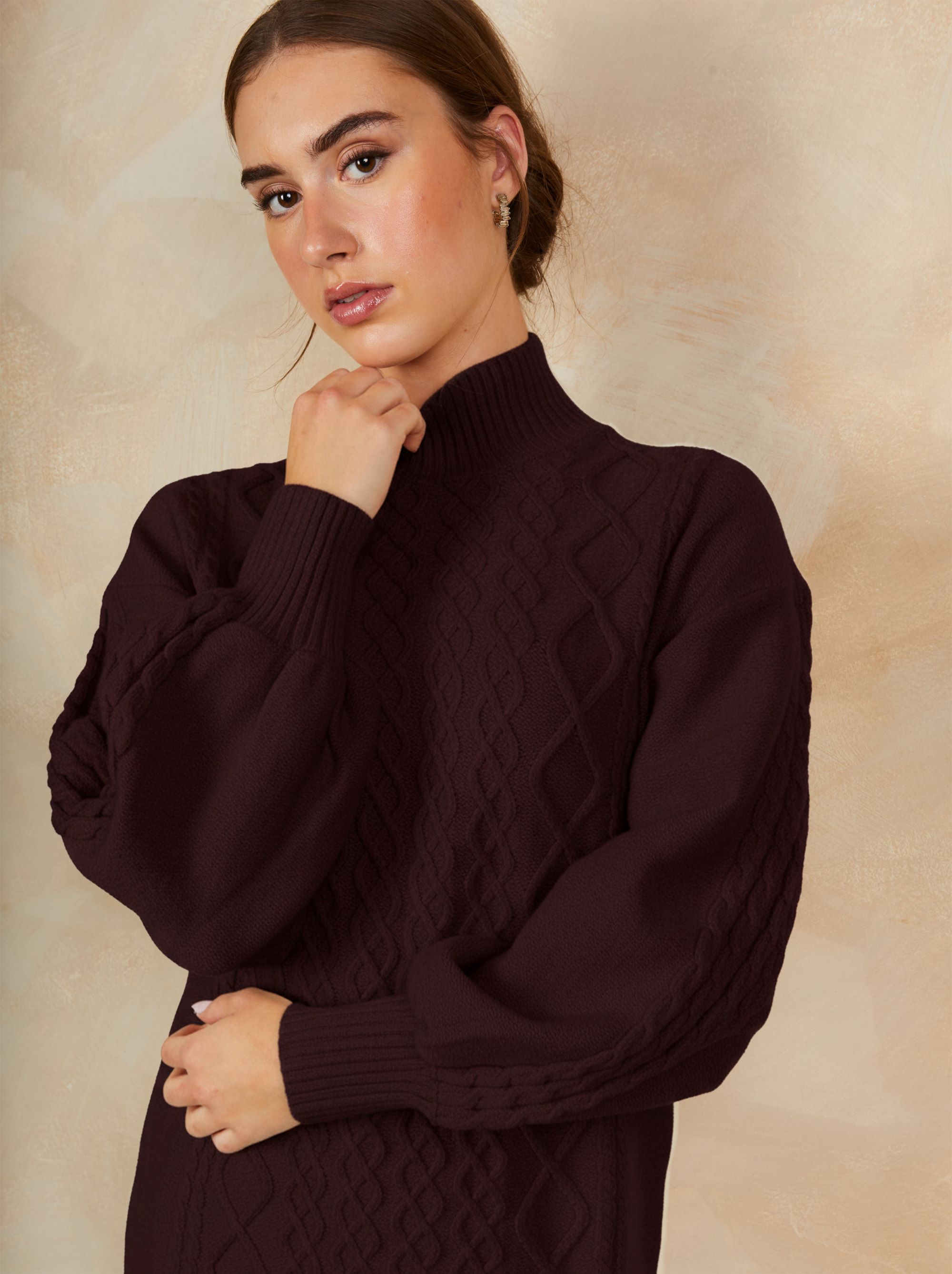 Roll Neck Knitted Dress in Burgundy