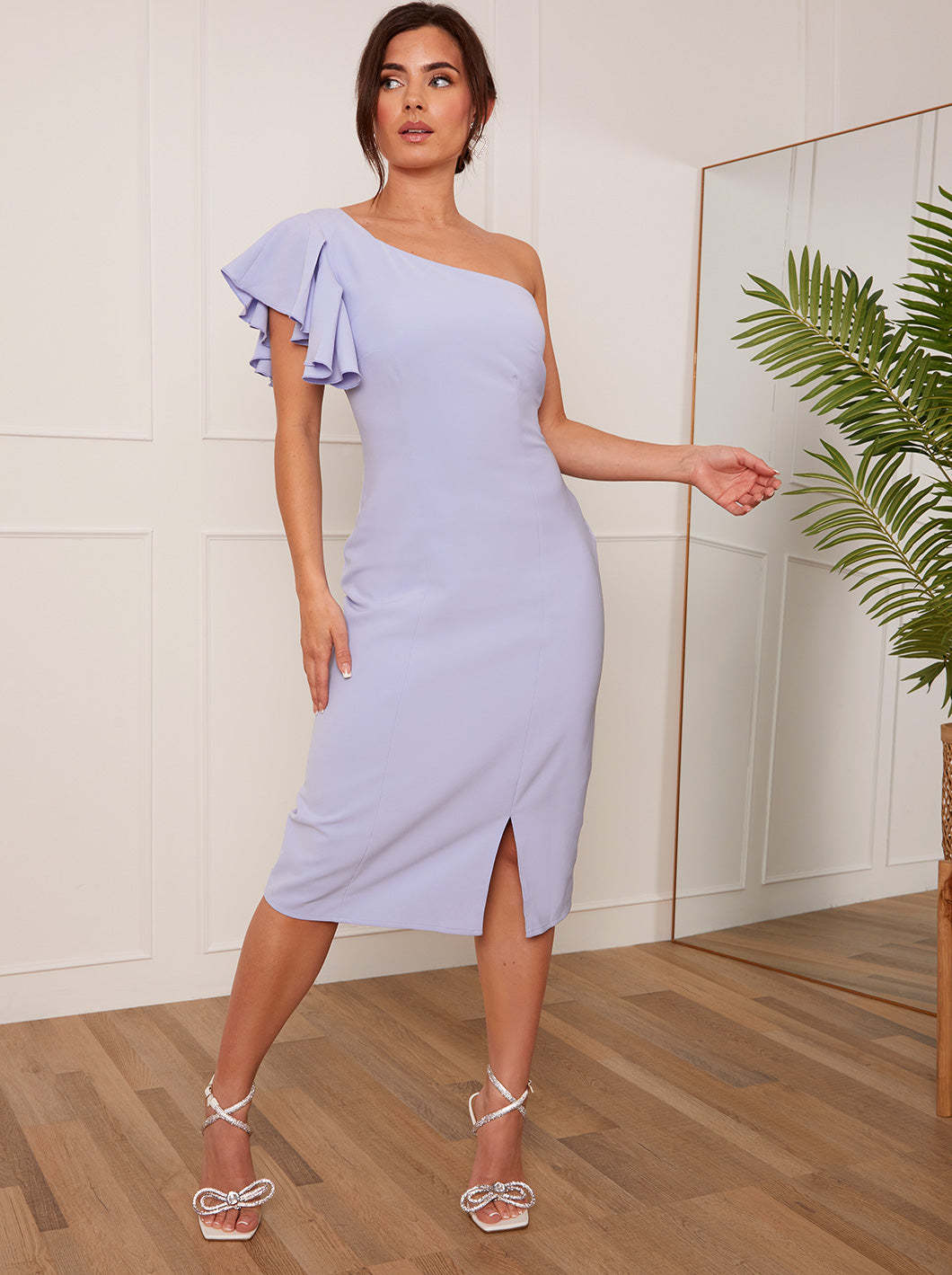 Petite Ruffle One Shoulder Midi Dress in Blue