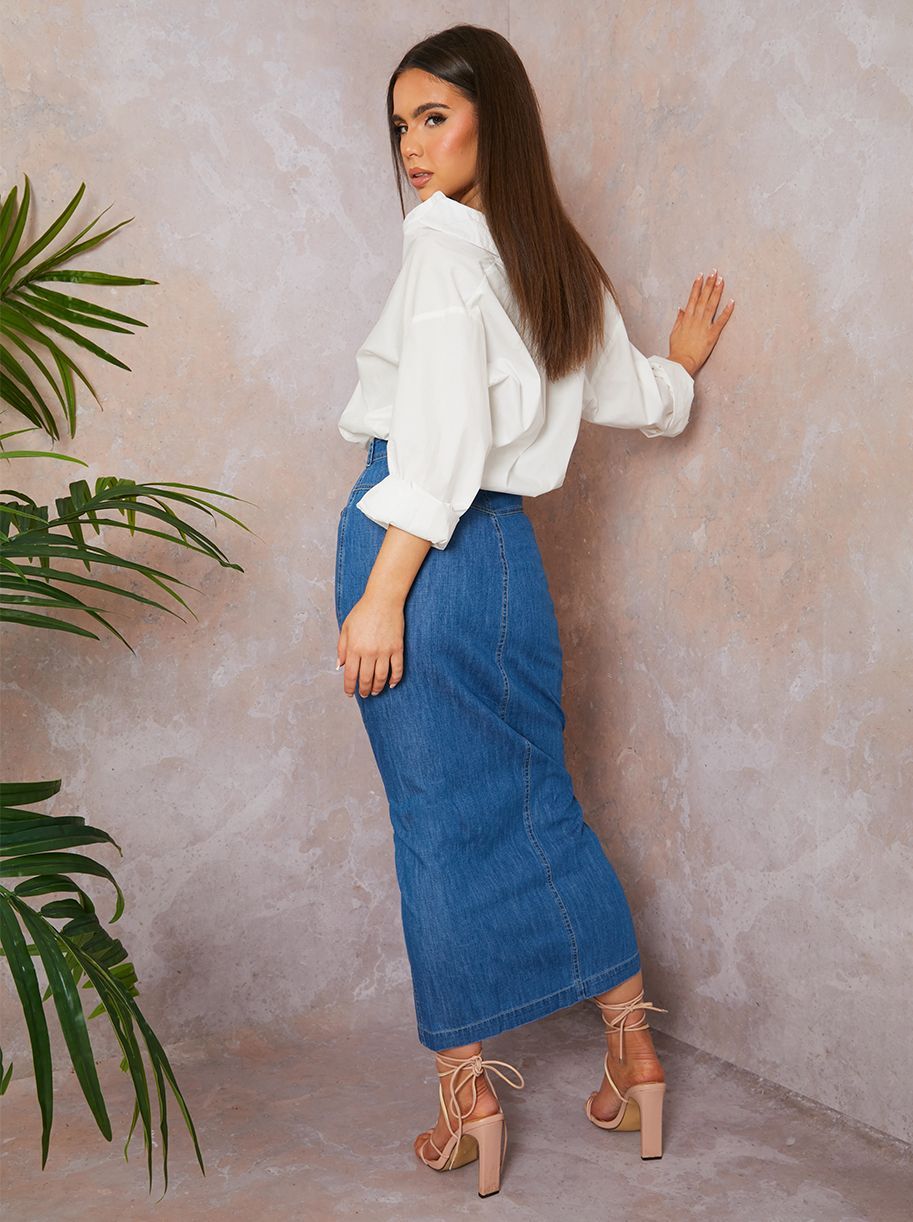 Split Hem Demin Maxi Skirt in Blue