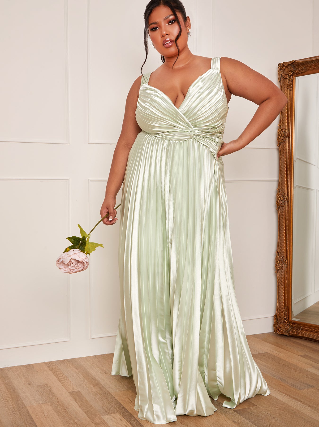 Plus Size Satin Cami Strap Pleated Maxi Dress in Mint