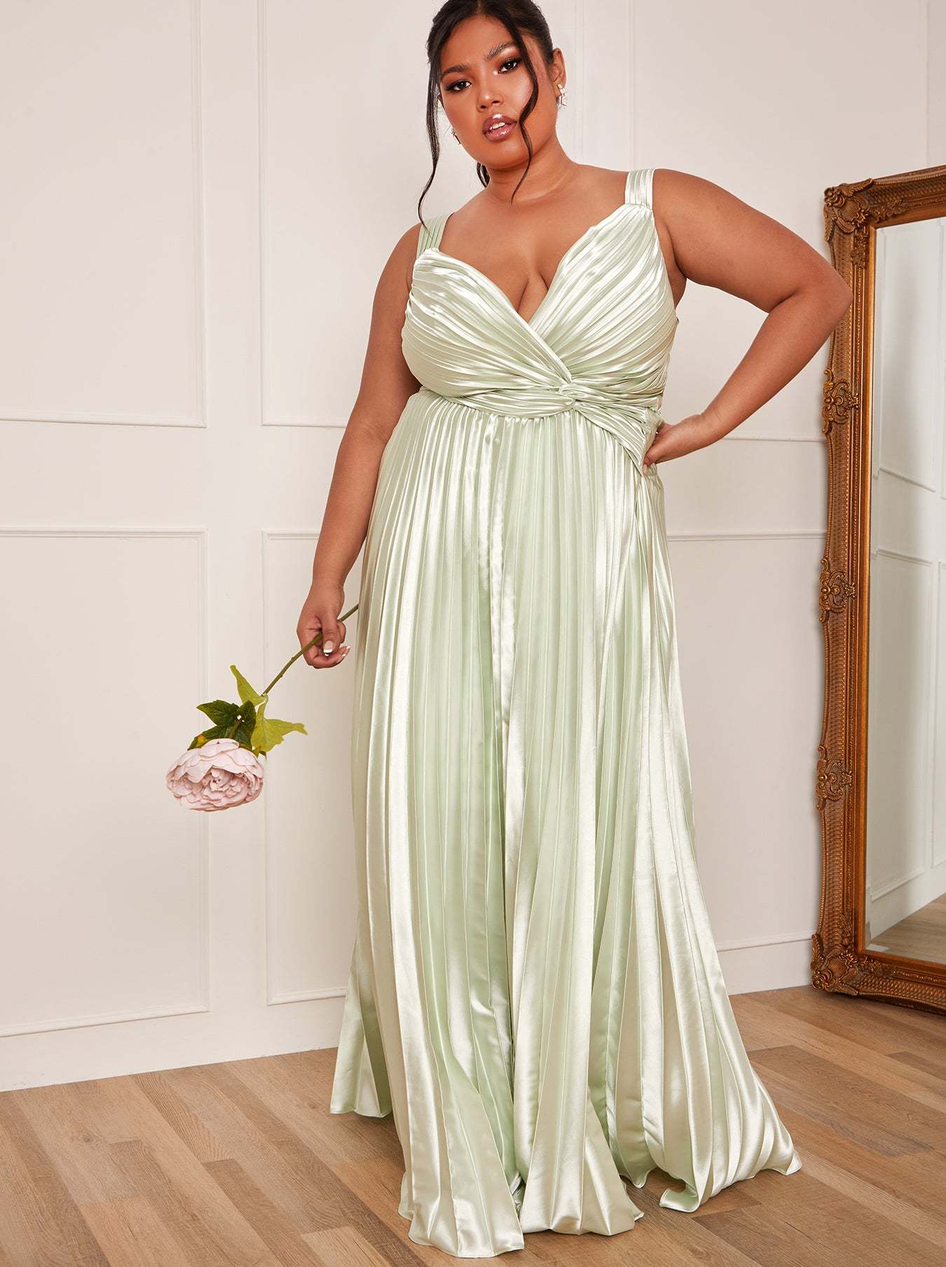 Plus Size Satin Cami Strap Pleated Maxi Dress in Mint Chi Chi London UK