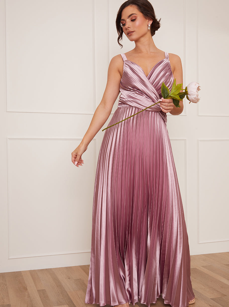 Petite Satin Cami Strap Pleated Maxi Dress in Lilac