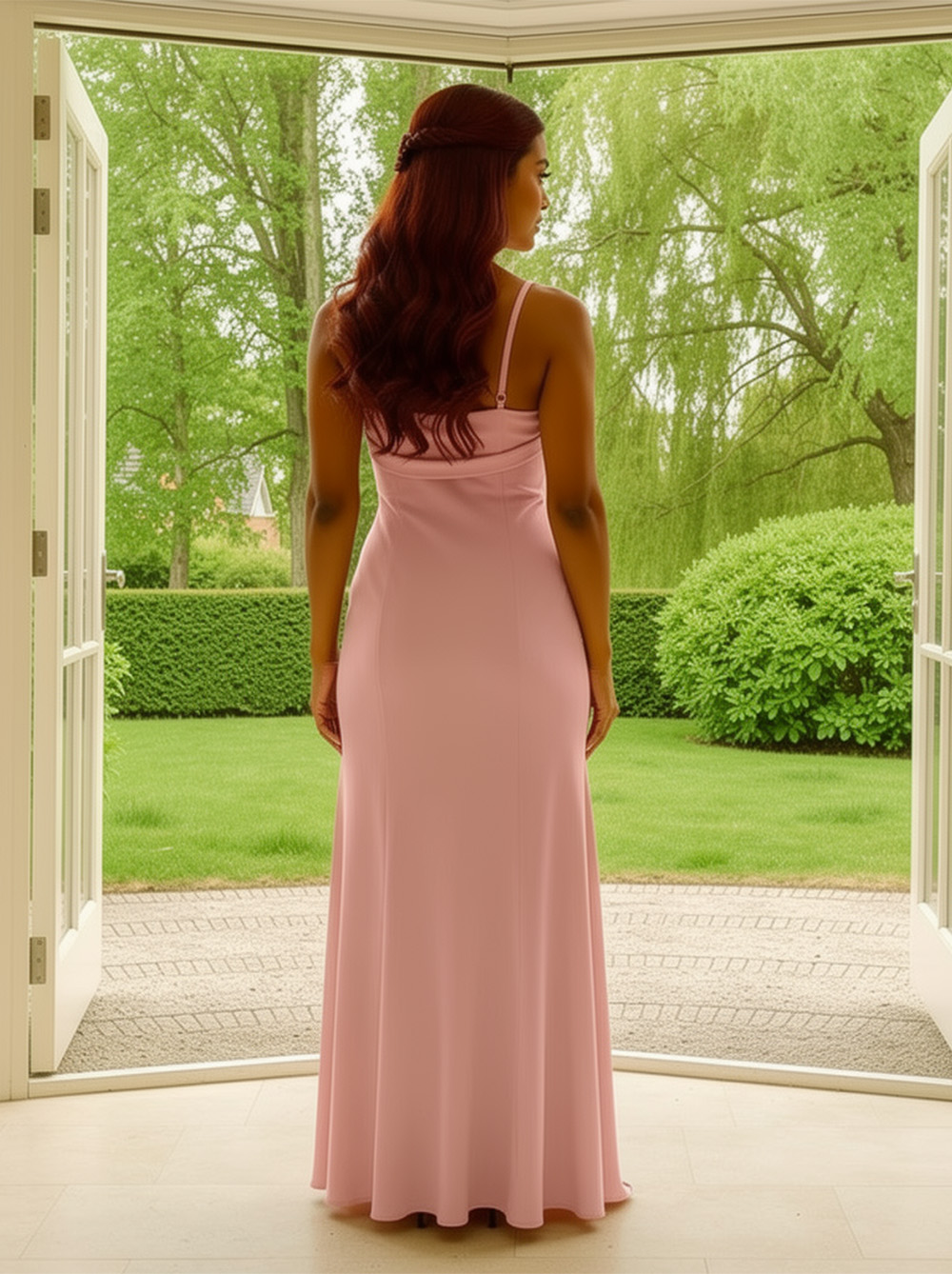 Satin Ruched Maxi Dress in Blush