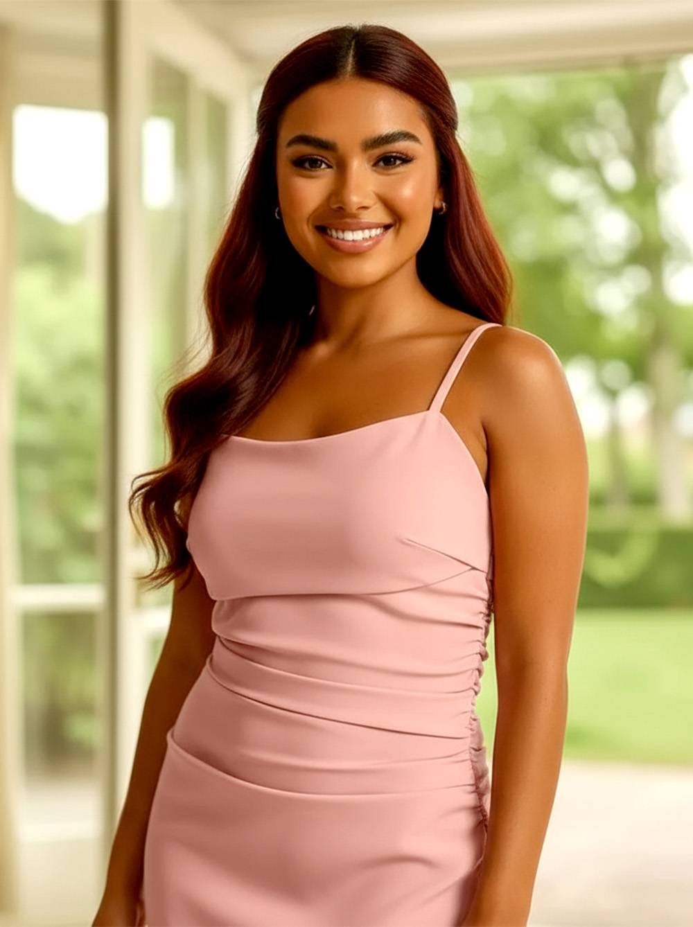 Satin Ruched Maxi Dress in Blush