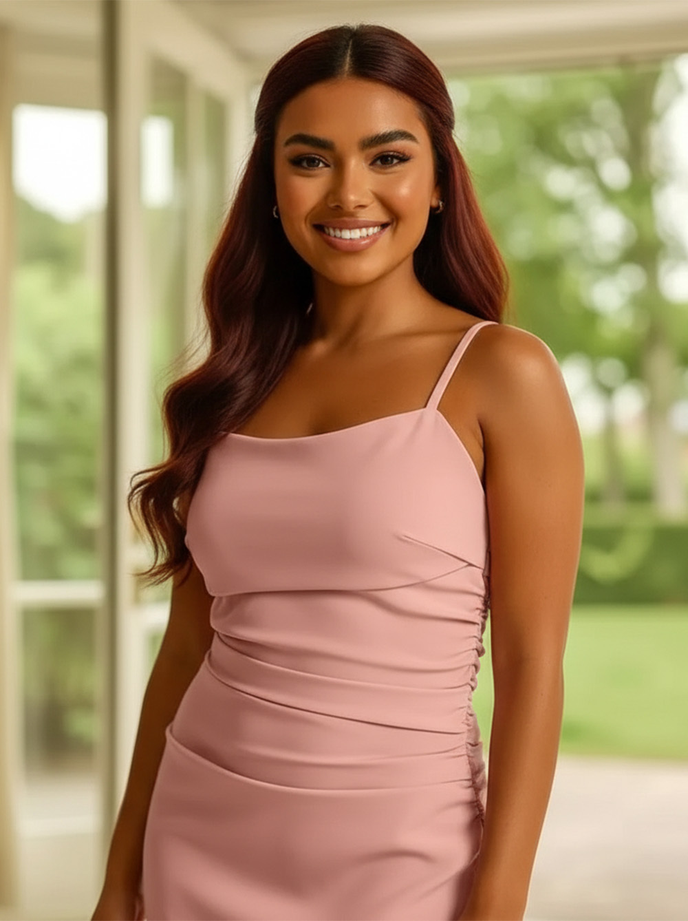 Satin Ruched Maxi Dress in Blush