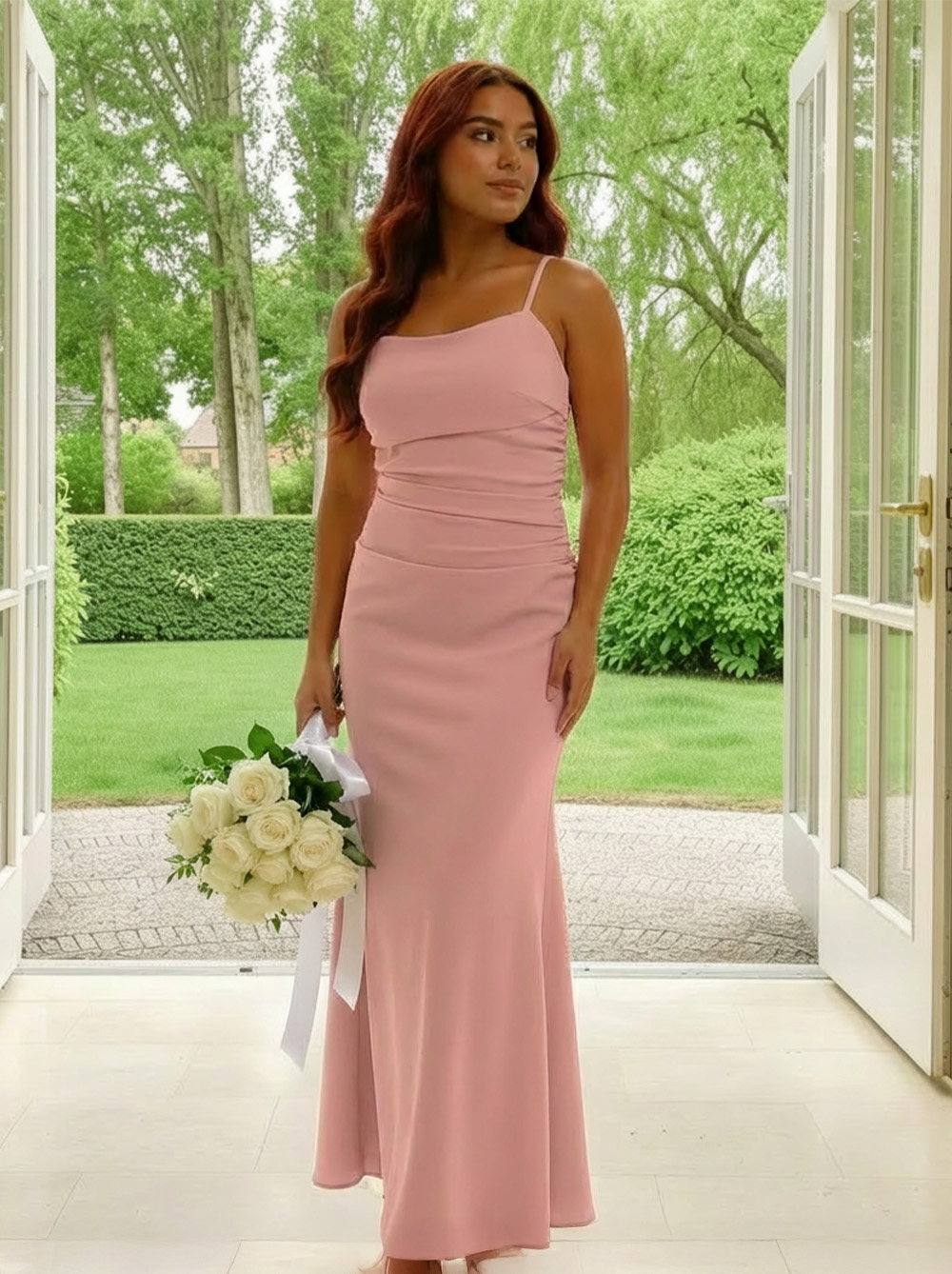 Satin Ruched Maxi Dress in Blush