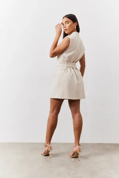 In The Style Structured Pocket Detail Belted Mini Dress in Cream