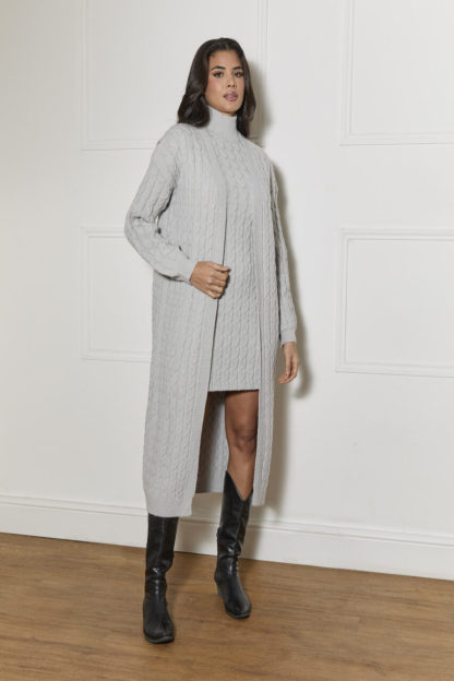 All-Over Knitted Cable Longline Cardigan in Grey