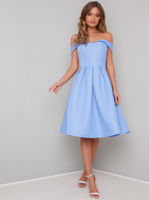 Fold-Over Bardot Plain Midi Dress in Blue