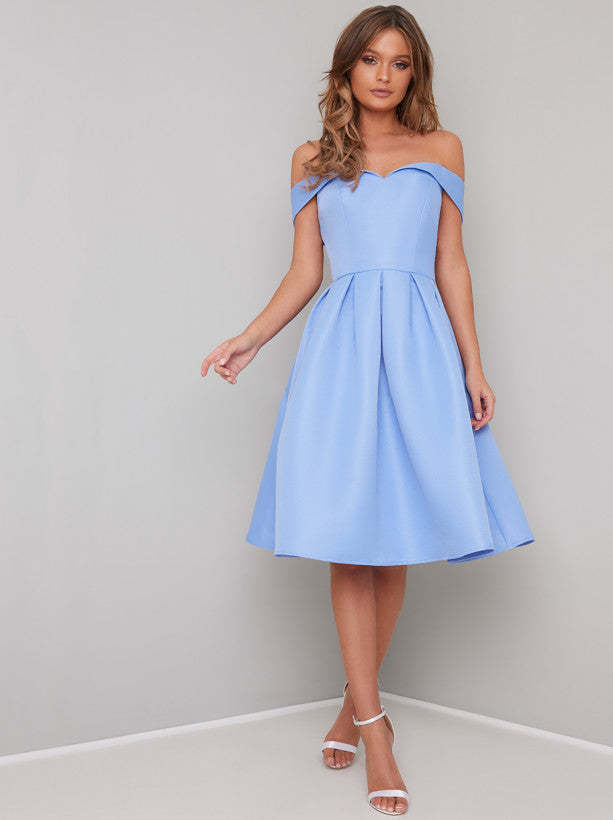 Fold-Over Bardot Plain Midi Dress in Blue