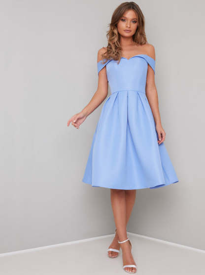 Fold-Over Bardot Plain Midi Dress in Blue