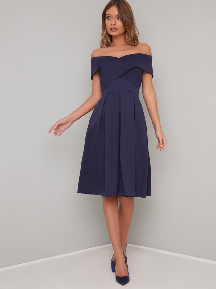 Bardot Neckline Skater Dress in Blue