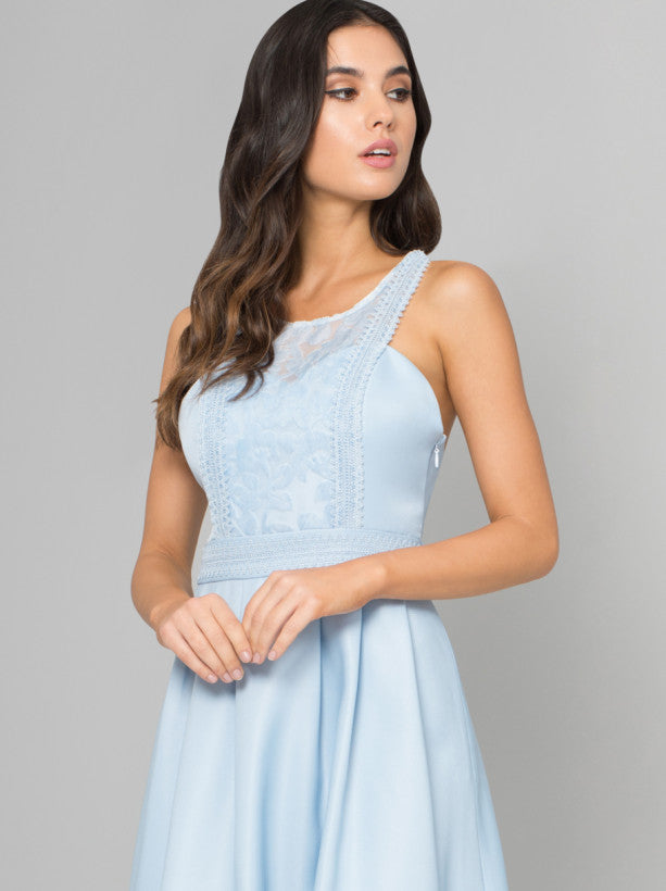 Floral Embroidered Dip Hem Dress in Blue
