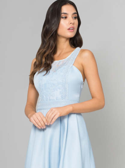 Floral Embroidered Dip Hem Dress in Blue