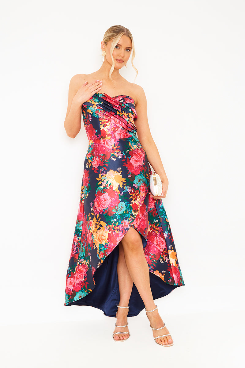 Bandeau Sweetheart Floral Wrap Detail Dip Hem Dress in Navy