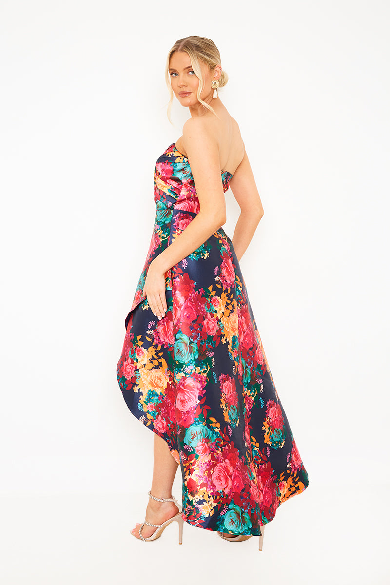 Petite Bandeau Sweetheart Floral Wrap Detail Dip Hem Dress in Navy