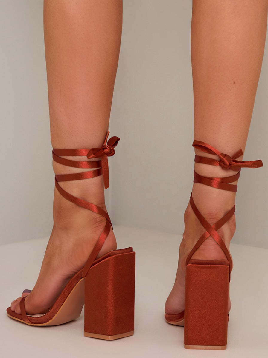 Block Heel Ankle Tie Sandals in Rust