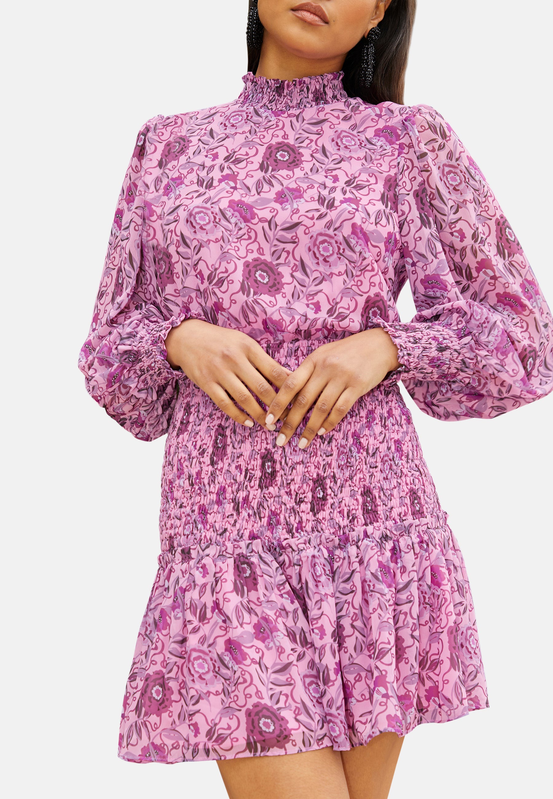 Long Sleeve High Neck Floral Print Shirred Mini Dress in