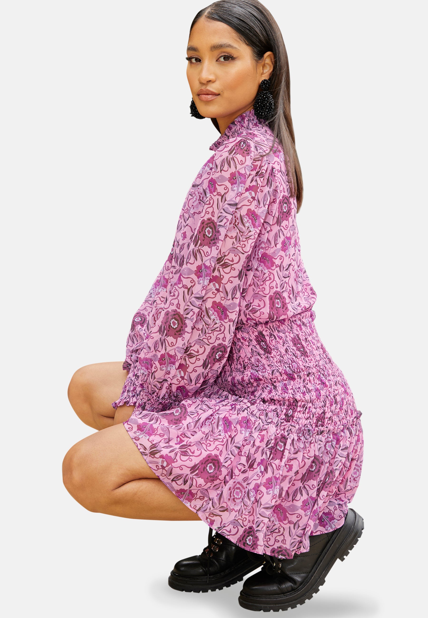 Long Sleeve High Neck Floral Print Shirred Mini Dress in