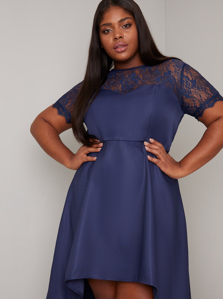 Navy lace dip hem dress hotsell