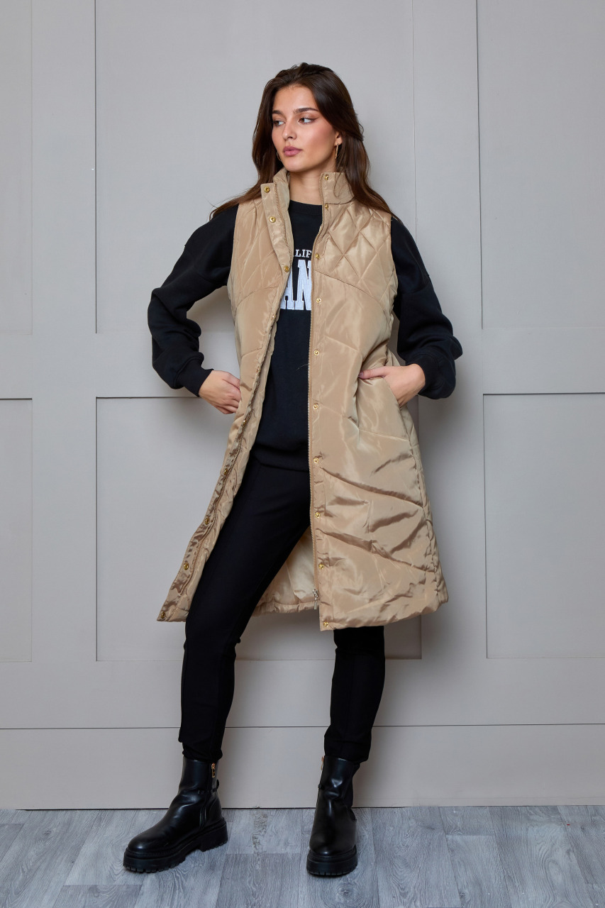 Diamond Quilt Detail Longline Padded Gilet in Tan