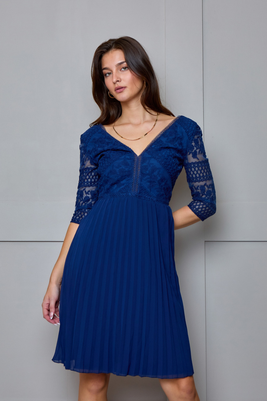 Long Sleeve V Neck Midi Dress in Navy