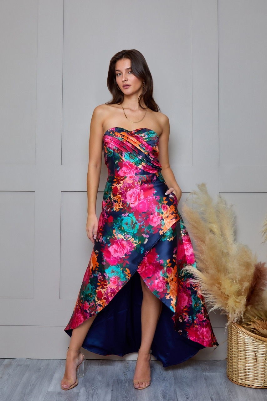Petite Bandeau Sweetheart Floral Wrap Detail Dip Hem Dress in Navy