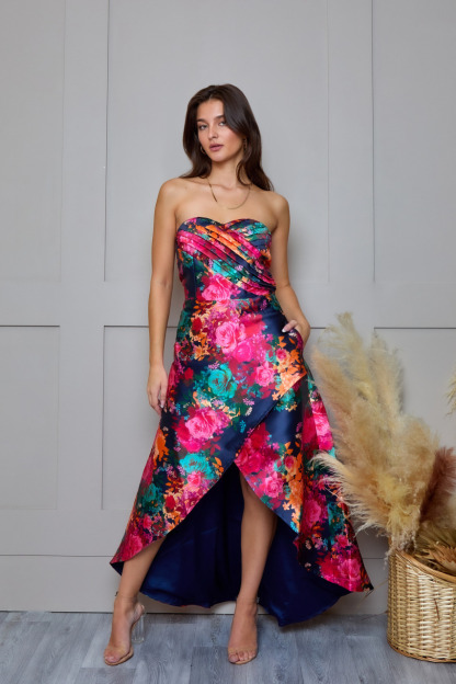 Petite Bandeau Sweetheart Floral Wrap Detail Dip Hem Dress in Navy
