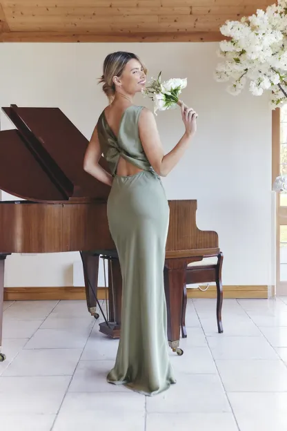 In The Style Olive Satin Twist Back Maxi Dress