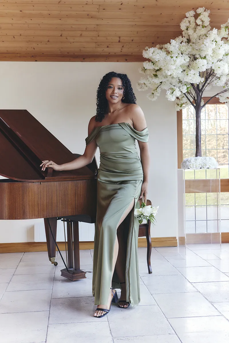 In The Style Olive Satin Bardot Ruched Maxi Dress