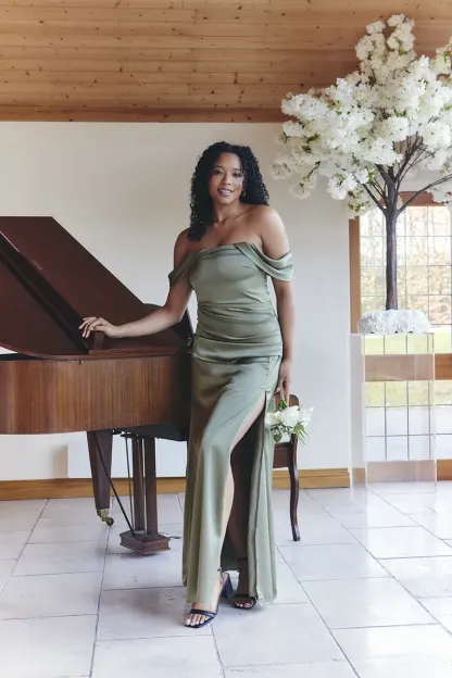 In The Style Olive Satin Bardot Ruched Maxi Dress