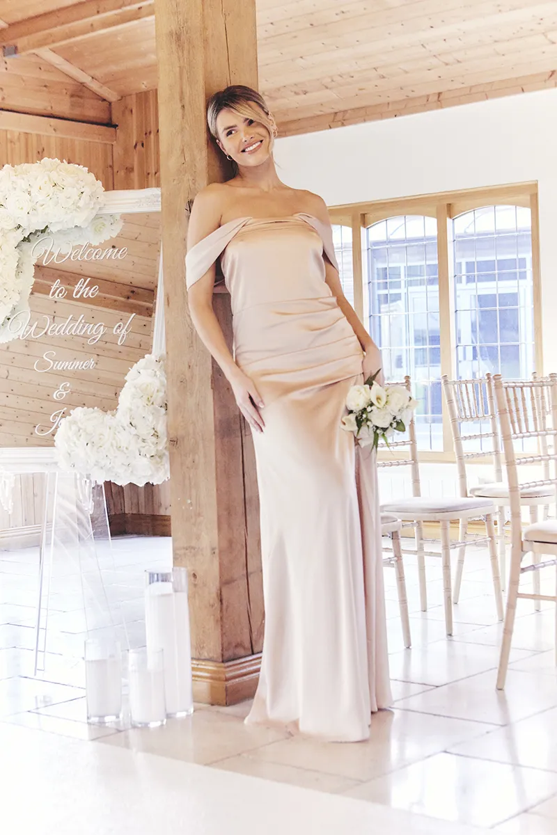 In The Style Light Gold Satin Bardot Ruched Maxi Dress
