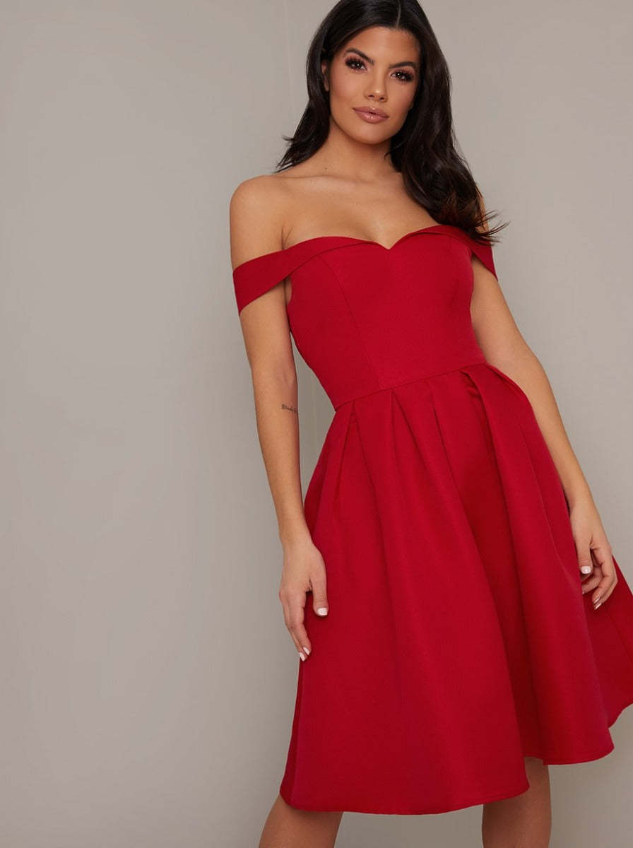 Bardot Box Pleat Skater Dress in Red