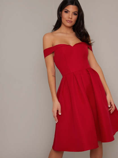 Bardot Box Pleat Skater Dress in Red