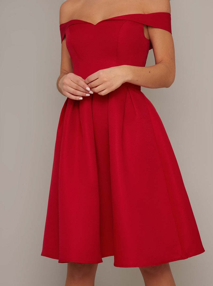 Bardot Box Pleat Skater Dress in Red