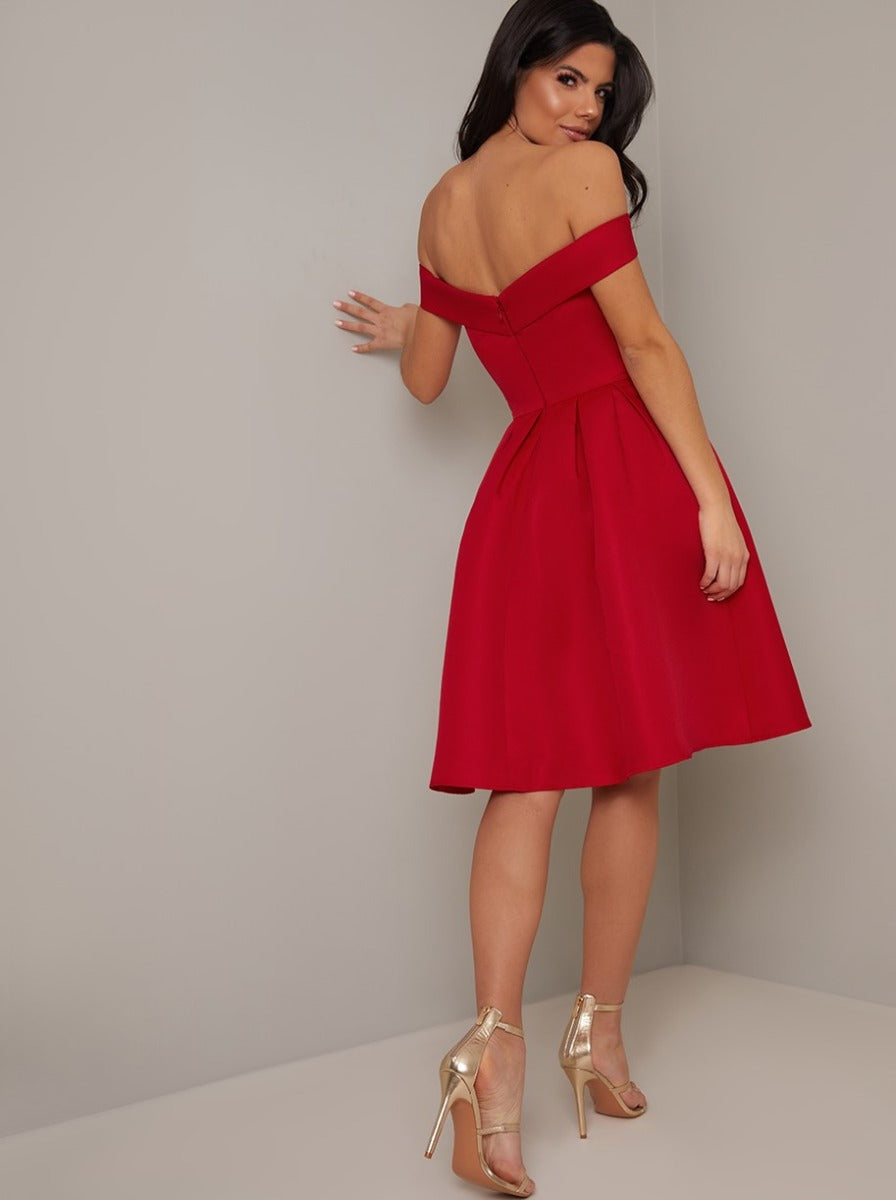 Bardot Box Pleat Skater Dress in Red