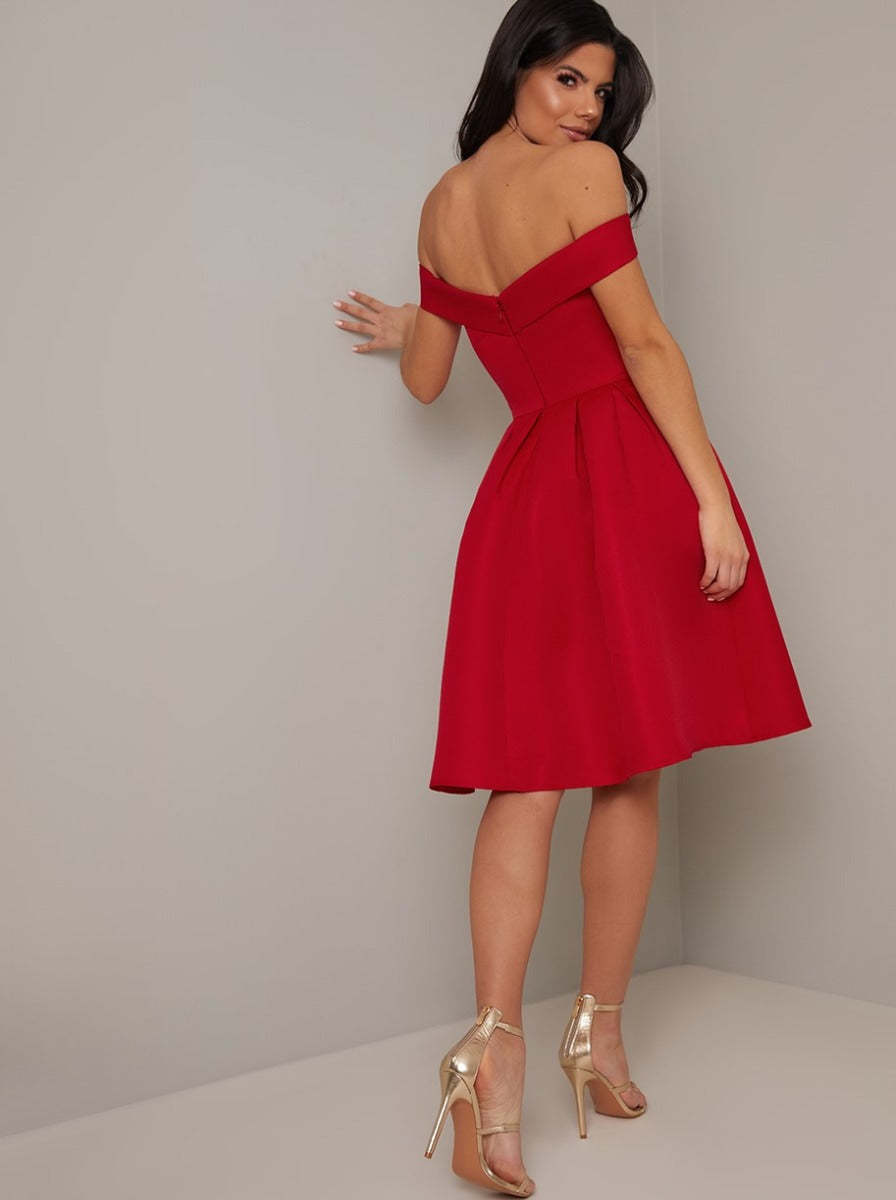 Bardot Box Pleat Skater Dress in Red