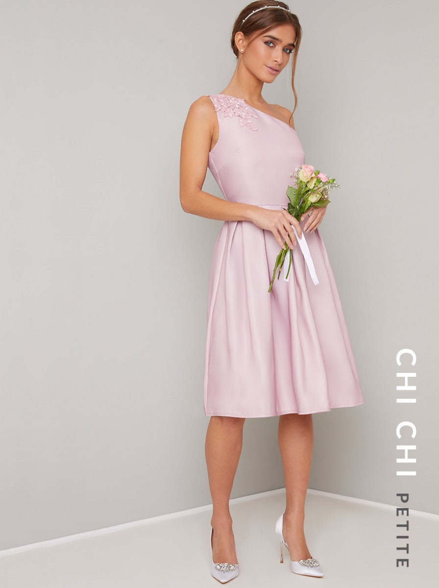 Petite One Shoulder Embroidered Detail Midi Dress in Pink