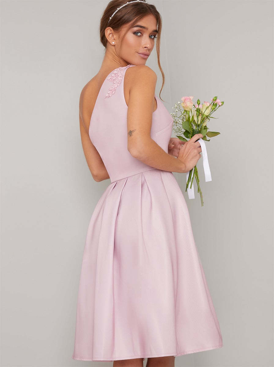 Petite One Shoulder Embroidered Detail Midi Dress in Pink