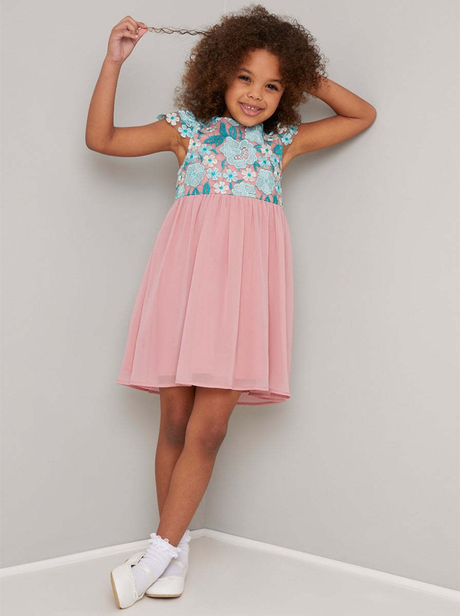Girls Emroidered Bodice Midi Dress in Pink