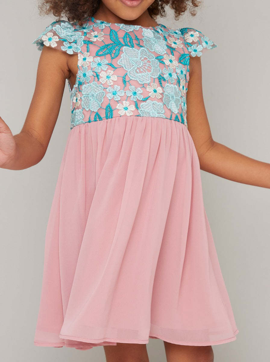 Girls Emroidered Bodice Midi Dress in Pink