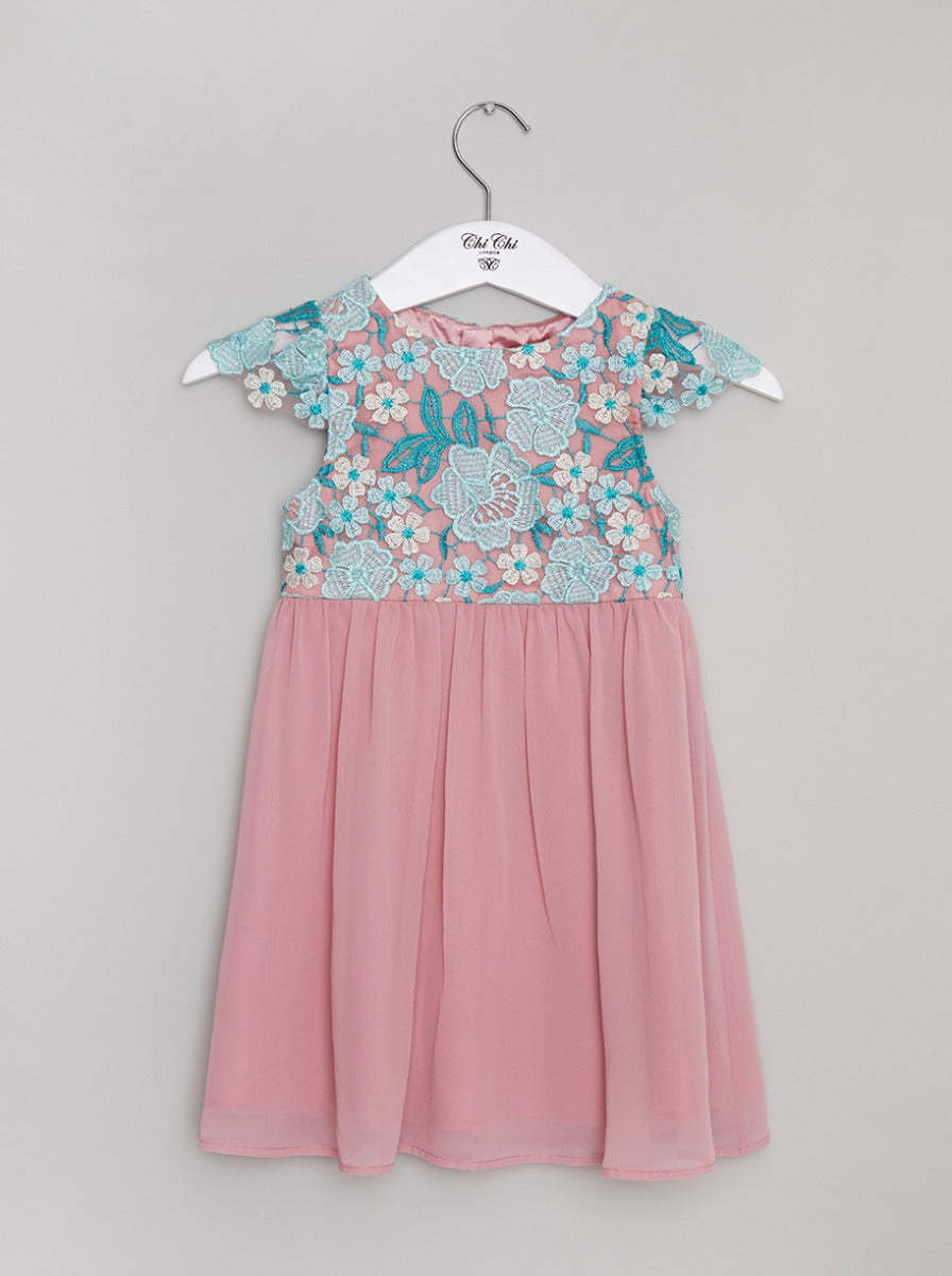 Girls Emroidered Bodice Midi Dress in Pink